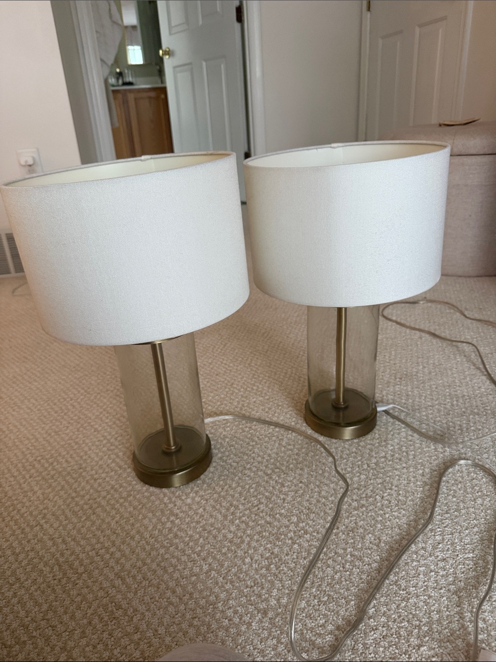 Threshold Brass and White Glass Table Lamp with White Shade- set of 2